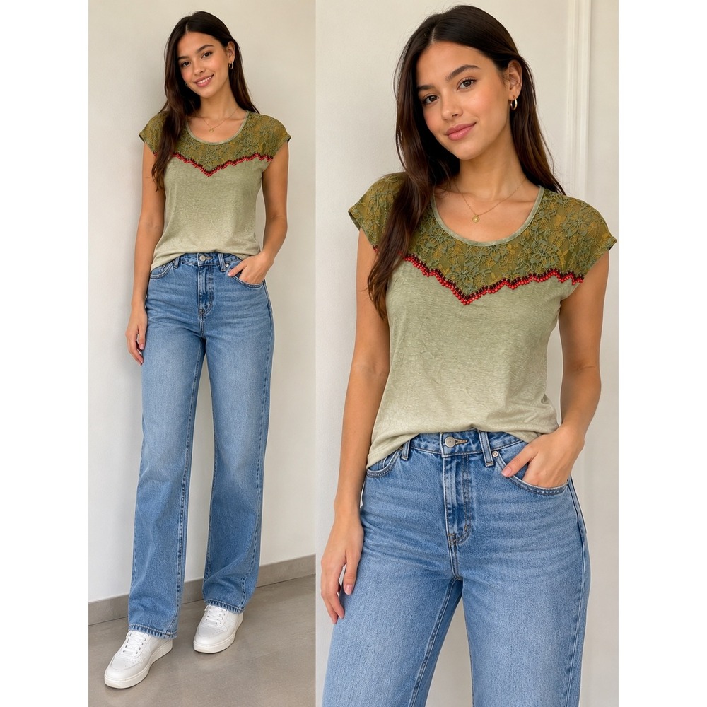 Miss Me Women Top Green Ombre Lace Beaded Boho Cap Sleeve Top Size M NWT
